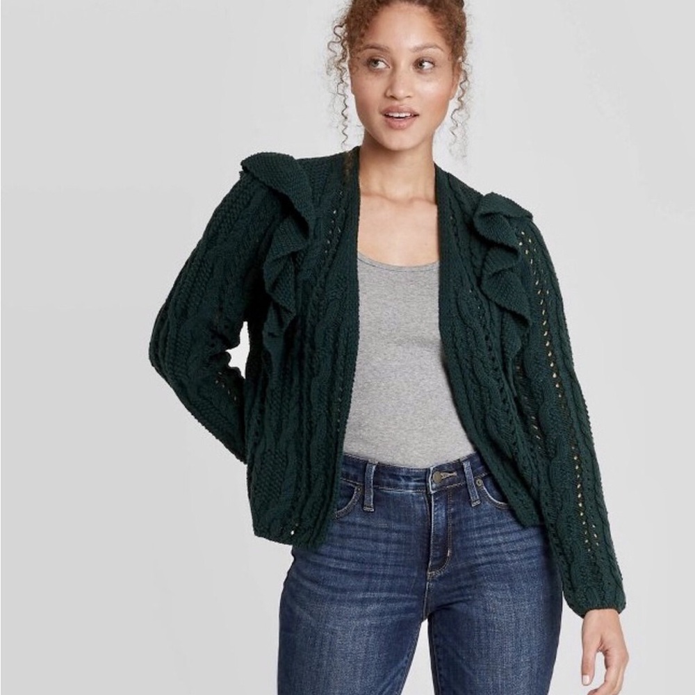 Universal Thread Dark Green Cardigan with Ruffle Size XL